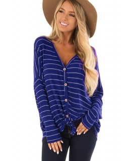 Blue Stripe V Neck Button Up Casual Top