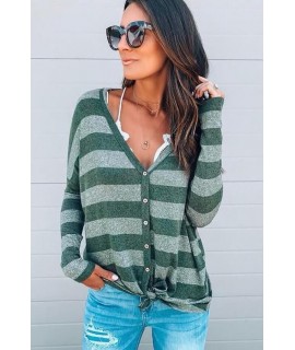 Stripe V Neck Button Up Tied Casual Top