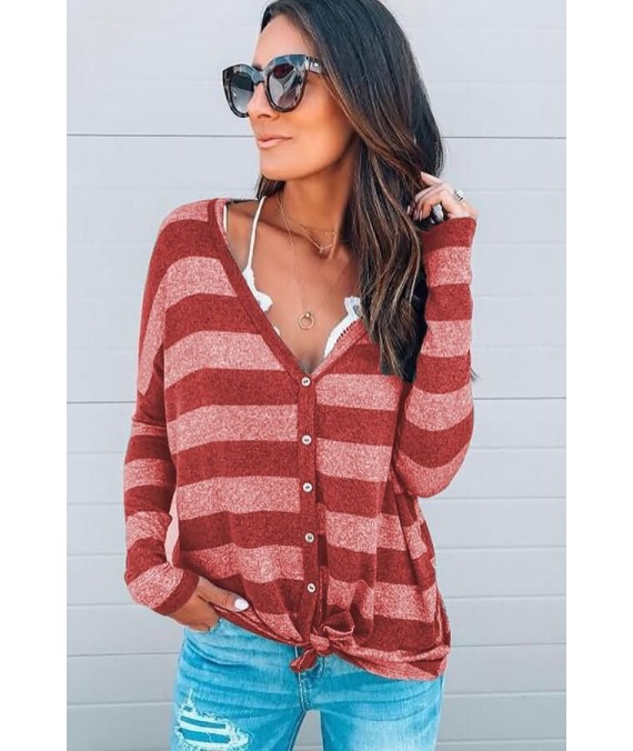 Red Stripe V Neck Button Up Tied Casual Top