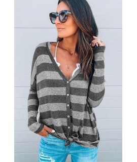 Gray Stripe V Neck Button Up Tied Casual Top