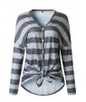 Gray Stripe V Neck Button Up Tied Casual Top