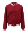 Red Faux Fur Contrast Stripe Button Casual Bomber Jacket
