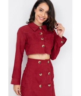 Red Corduroy Button Up Long Sleeve Casual Cropped Jacket