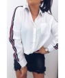 White Contrast Stripe Button Up Pocket Casual Shirt