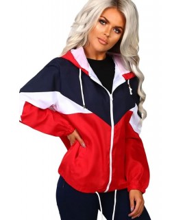 Red Color Block Up Hooded Casual Jacket