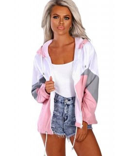 Pink Color Block Up Hooded Casual Jacket