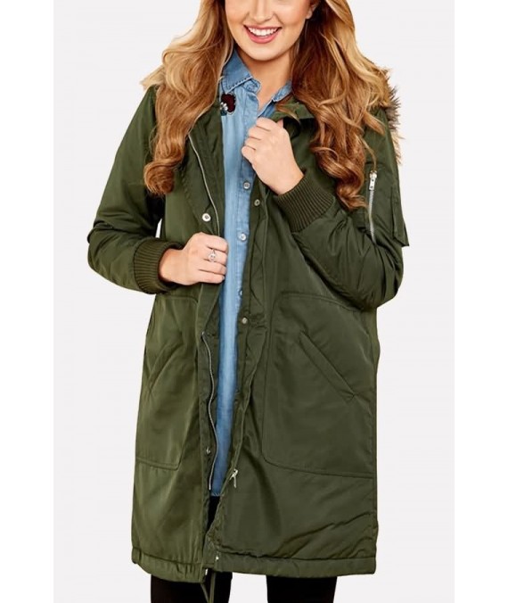 Army-Faux Fur Trim Hood Pocket Casual Parka Jacket