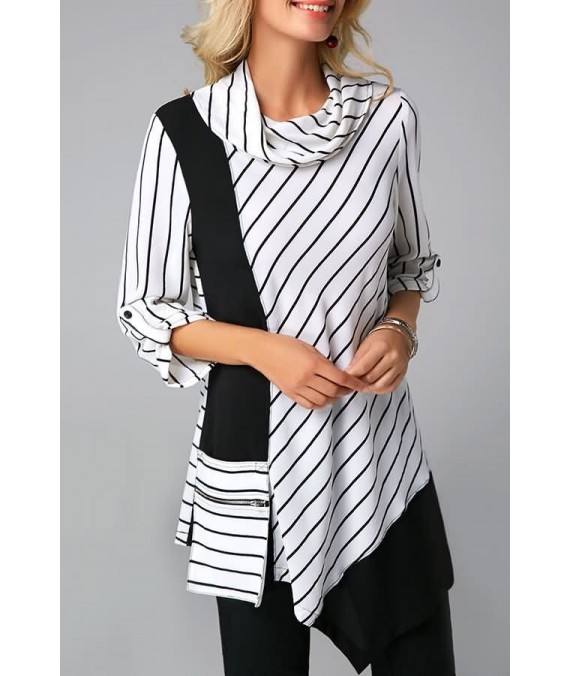 Black-white Stripe Splicing Cowl Neck Long Sleeve Casual Blouse
