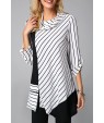 Black-white Stripe Splicing Cowl Neck Long Sleeve Casual Blouse
