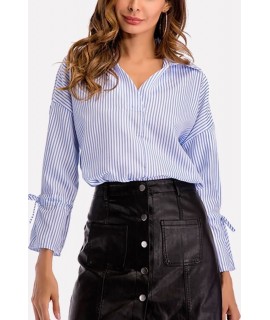Blue Stripe Print V Neck Tied Cuff Long Sleeve Casual Blouse