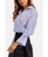 Blue Stripe Print V Neck Tied Cuff Long Sleeve Casual Blouse
