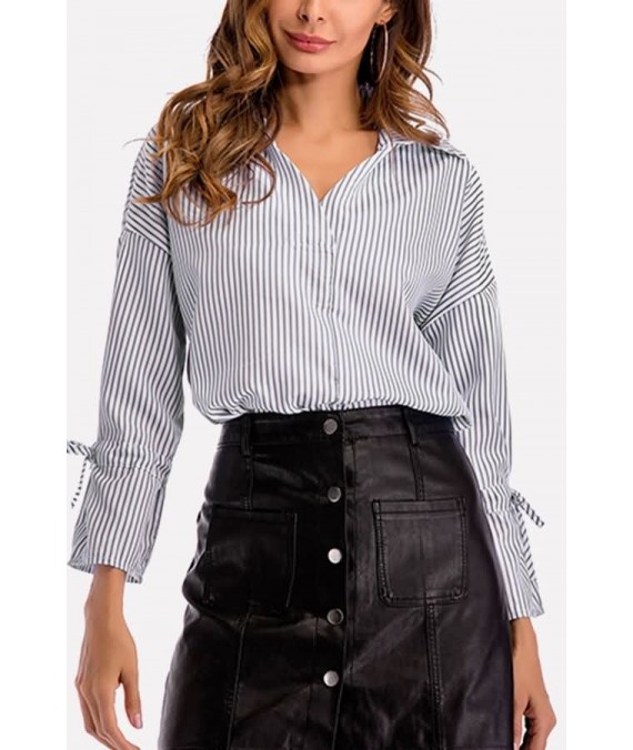 Black-stripe V Neck Tied Cuff Long Sleeve Casual Blouse