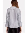 Black-stripe V Neck Tied Cuff Long Sleeve Casual Blouse