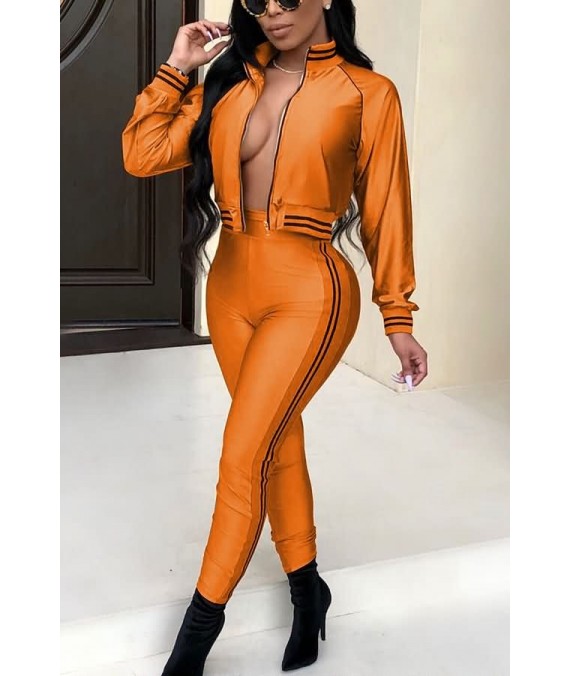 Orange Contrast Long Sleeve Casual Jacket Leggings Suit Set
