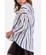 Dark-blue Stripe Print V Neck Button Up Long Sleeve Casual Blouse