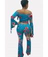 Jade-blue Floral Print Flare Sleeve Off Shoulder Sexy Plus Size Suit Set