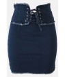 Dark-blue Lace Up Raw Casual Mini Denim Skirt