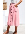Pink Button Up Pocket Casual Midi A Line Skirt