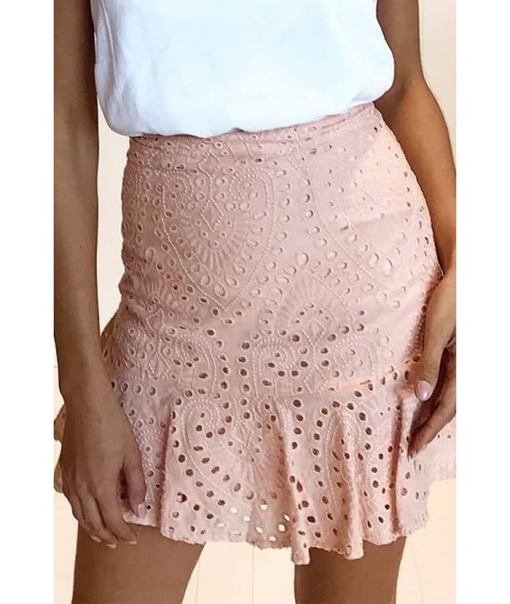Pink Lace Crochet Ruffles Sexy Bodycon Skirt