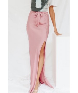 Pink Satin Drawstring Slit Side Sexy Maxi Skirt