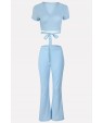 Light-blue Ribbed V Neck Tied Wrap Short Sleeve Sexy Suit Set