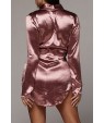Pink Satin Shawl Collar Long Sleeve Tied Waist Casual Suit Set