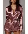 Pink Satin Shawl Collar Long Sleeve Tied Waist Casual Suit Set
