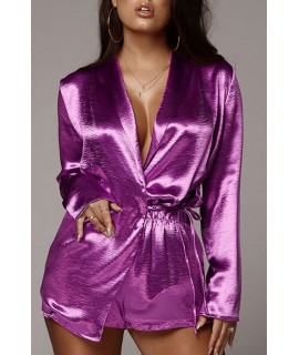 Light-purple Satin Shawl Collar Long Sleeve Tied Waist Casual Suit Set