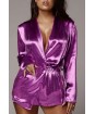 Light-purple Satin Shawl Collar Long Sleeve Tied Waist Casual Suit Set
