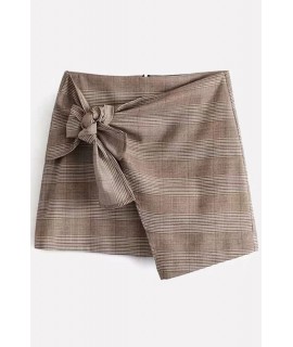 Camel Plaid Knotted Overlap Sexy Mini Skirt
