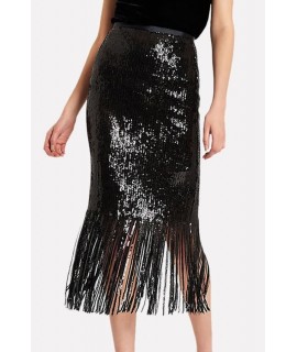 Glitter Fringe Sexy Midi Sequin Skirt