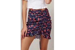 Cherry Print Drawstring Ruffles Sexy Mini Skirt