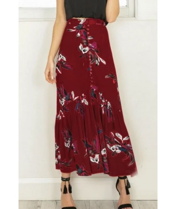 Dark-red Leaf Print Button Pleated Slit Casual Skirt