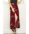 Dark-red Leaf Print Button Pleated Slit Casual Skirt