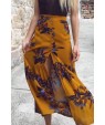 Leaf Print Button Pleated Slit Casual Skirt