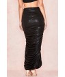 Faux Leather Ruched Slit Side Sexy Maxi Skirt
