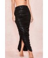 Faux Leather Ruched Slit Side Sexy Maxi Skirt