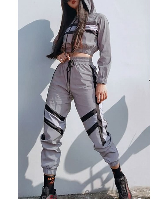 Silver Reflective Color Block Sports Hoodie Pants Suit Set