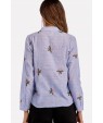 Blue Stripe Floral Embroidery Button Up Casual Blouse