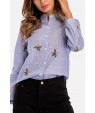 Blue Stripe Floral Embroidery Button Up Casual Blouse