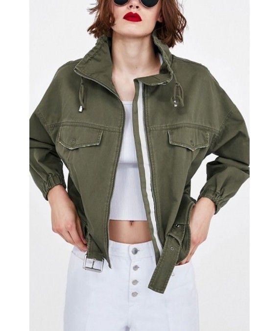 Army-Drawstring Zip-up Belted Casual Jacket