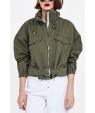 Army-Drawstring Zip-up Belted Casual Jacket