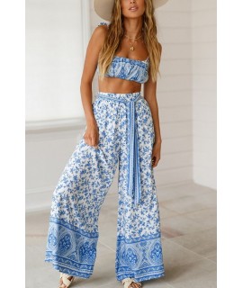 Blue Floral Spaghetti Straps Tied Sexy Crop Top Pants Suit Set