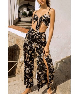 Chain Print Knotted Slit Sexy Camisole Pants Suit Set