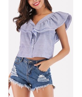 Blue Layered Ruffles Button Up Casual Cropped Blouse