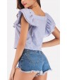 Blue Layered Ruffles Button Up Casual Cropped Blouse