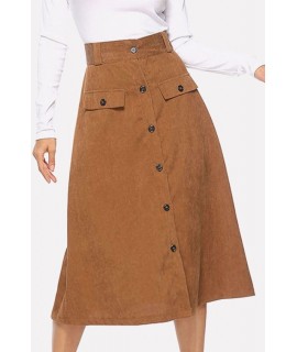 Coffee Button Casual Midi Skirt
